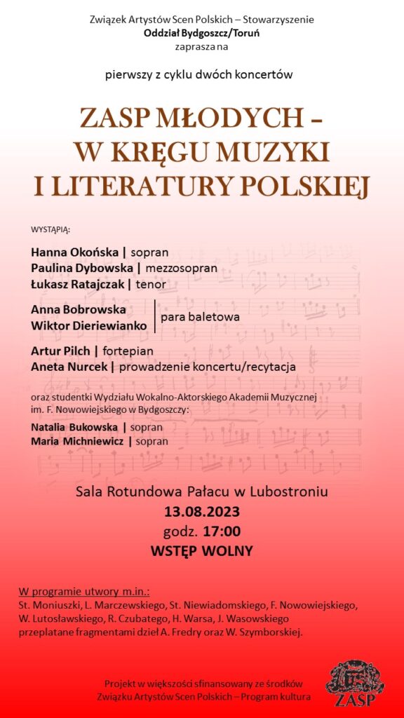 Koncert ZASP MŁODYCH – W KRĘGU MUZYKI I LITERATURY POLSKIEJ -13.08.2023, godz.17.00